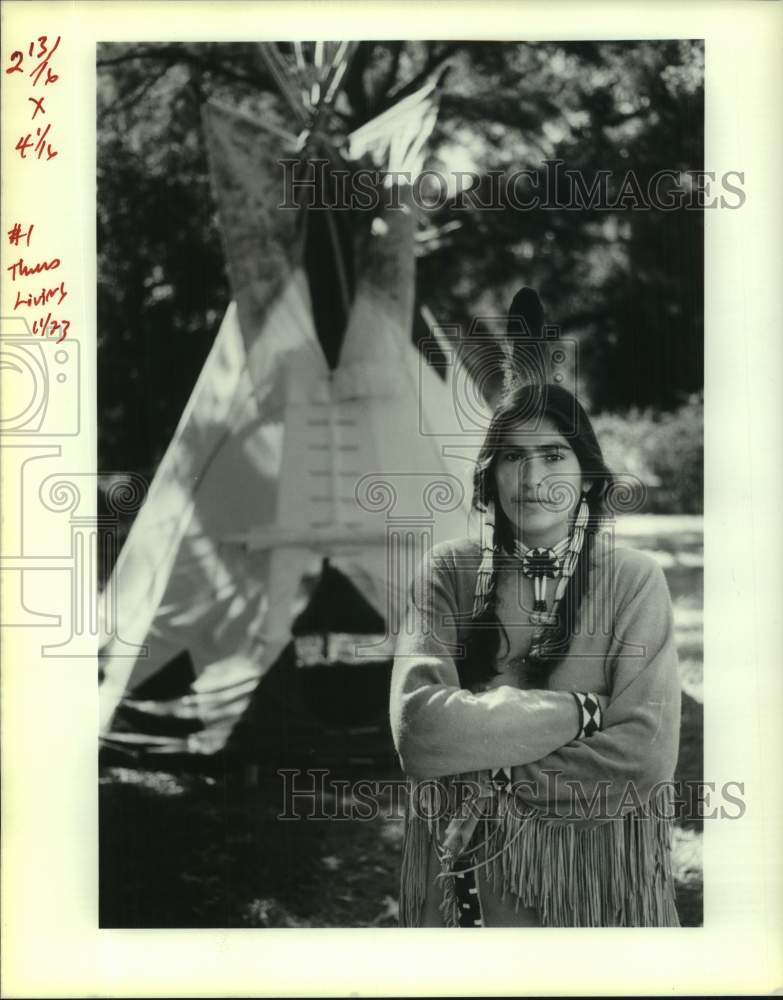 1989 Margo Rosa, Dressed in Native American Garb, Stands by Tepee - Historic Images