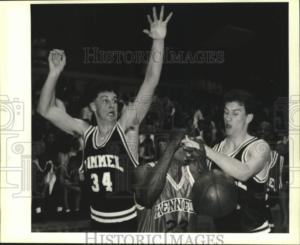 Press Photo Rummel Basketball player Tom Mount in game with teammate, JFK player - Historic Images