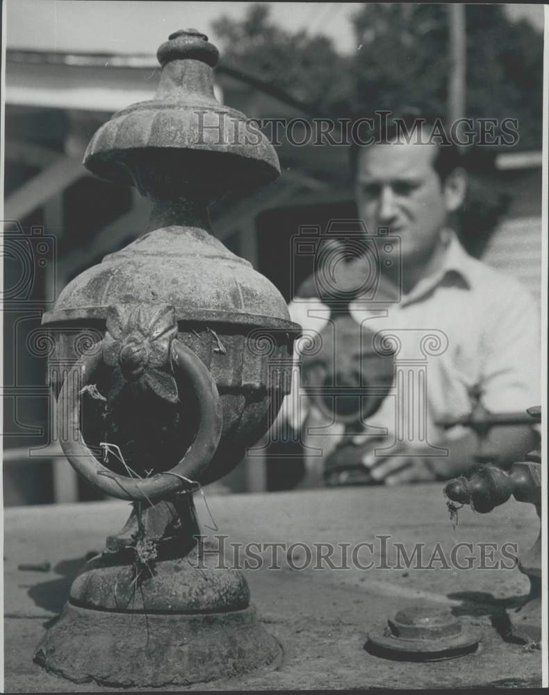 1970 Brass Lantern On Old Hearse with Ray Pellerin in the background - Historic Images