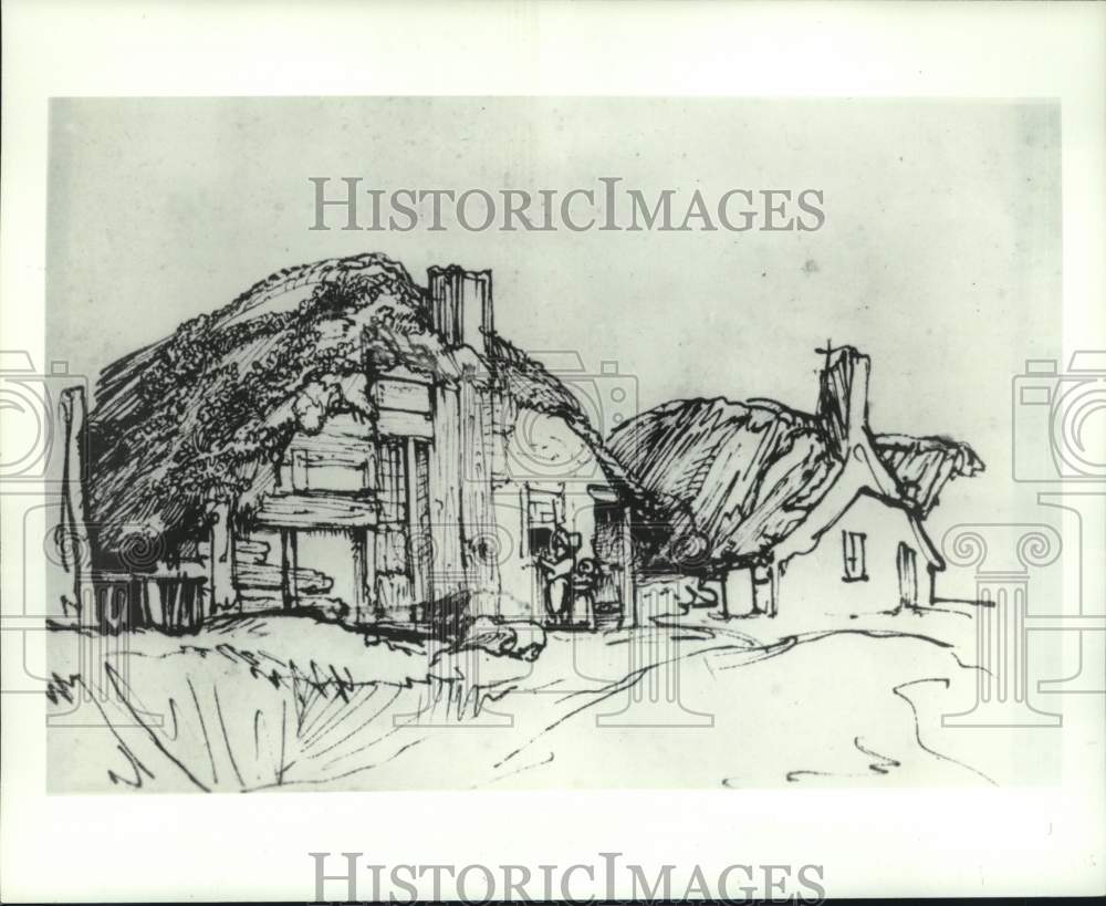 1980 Rembrandt Van Rijn&#39;s &quot;Two Thatched Cottages,&quot; Pen and Ink - Historic Images