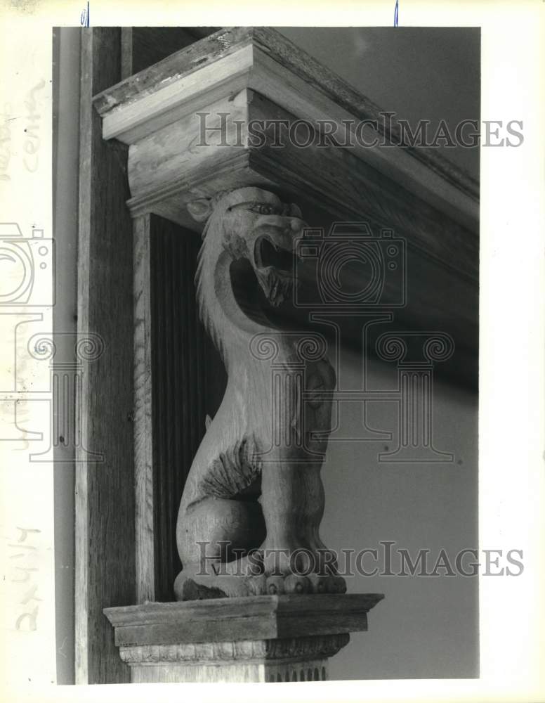 1992 Carved Griffin on Mantel in Home of Mr. &amp; Mrs. Russell Mitchell - Historic Images