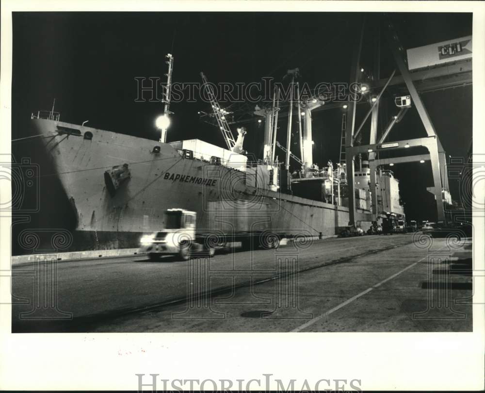 1980 Press Photo Russian Ship Warnemunde sits at Wharf - noc28495 - Historic Images