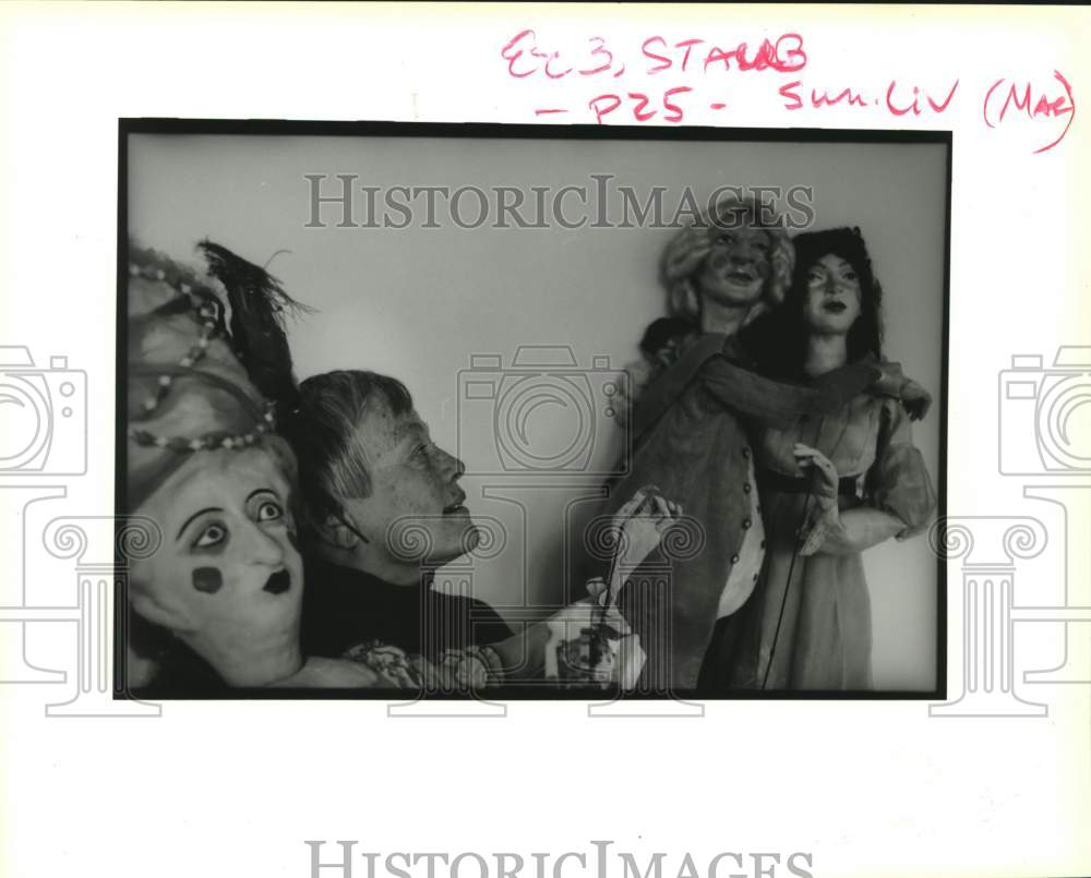 1990 Nancy Staub with puppets from her shows at Puppet Play House. - Historic Images