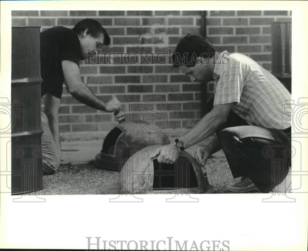 1990 St. Peter&#39;s School parents during parents clean-up day. - Historic Images