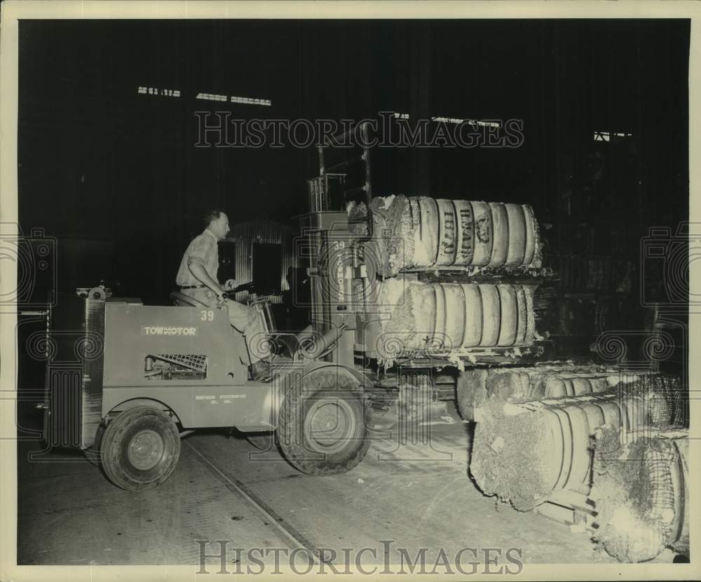 1952 Forklift Used to Load Bales of Cotton Onto Ship&#39;s Hold at Port-Historic Images