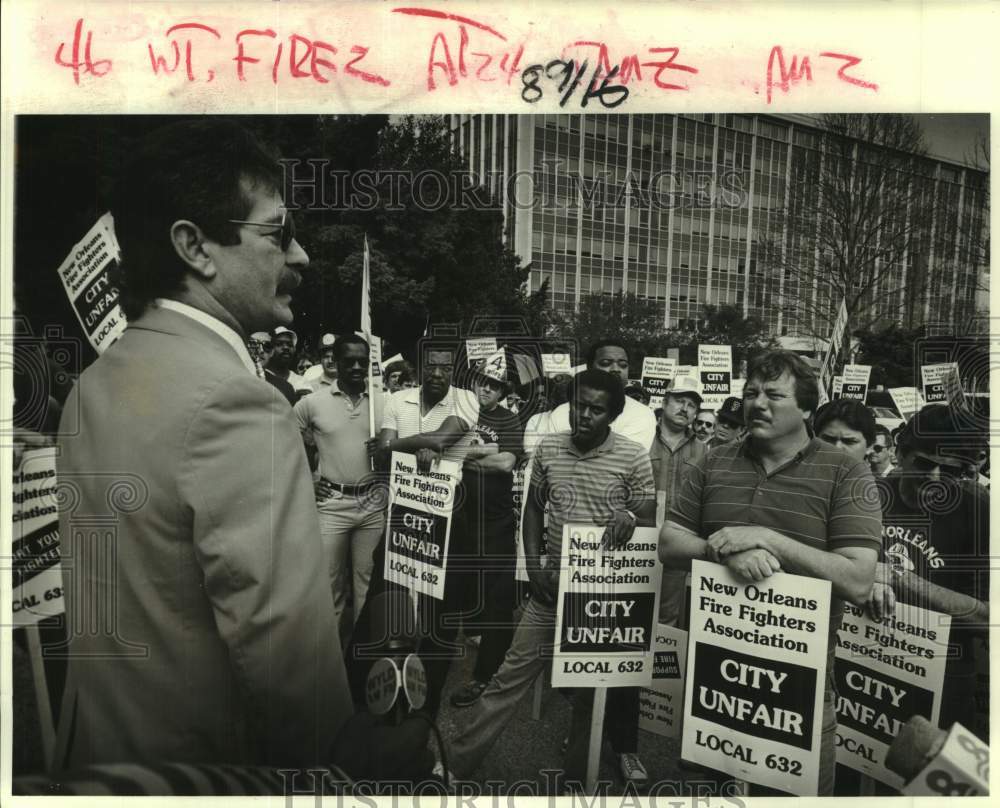 1986 Firefighters Union members before strike outside City Hall - Historic Images