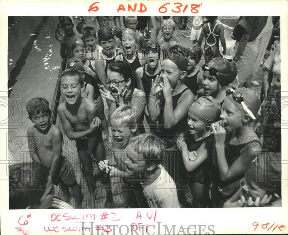 1987 Press Photo Slidell Hurricanes Swim Team at State Championships, Louisiana - Historic Images