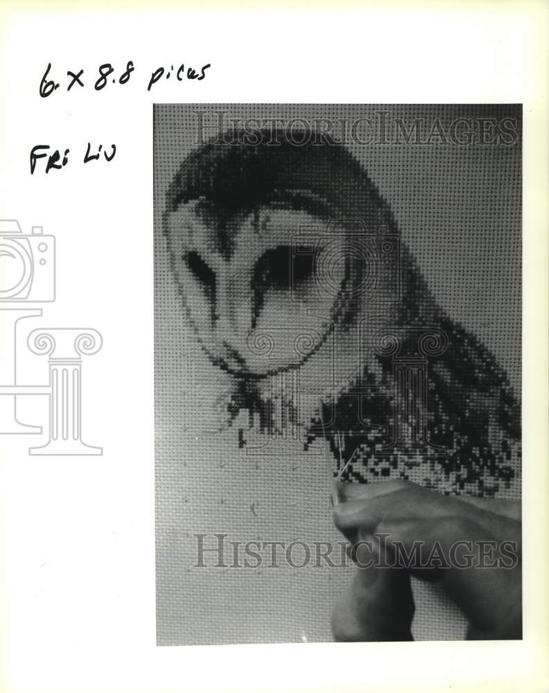 1993 Needlework artist Graeme Ross with close-up of Owl in progress - Historic Images