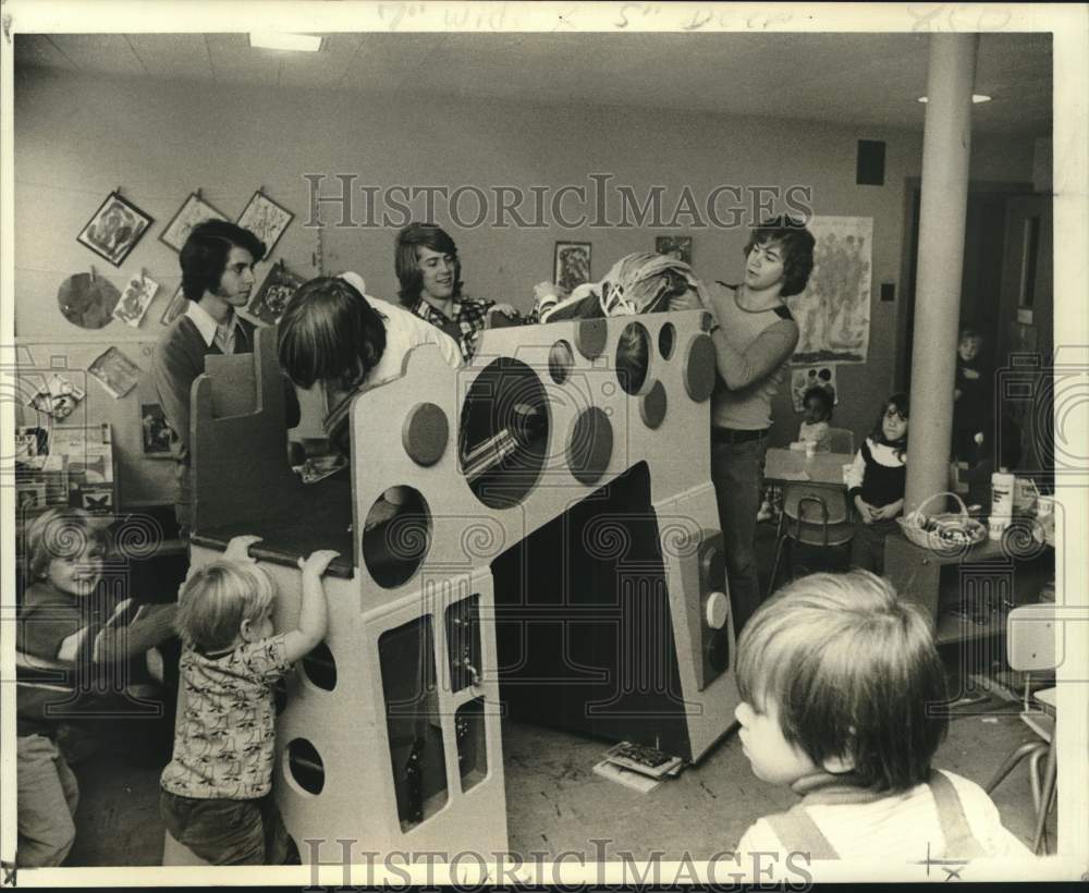 1972 Tulane Students with Indoor Gym Equipment for Nursery School - Historic Images