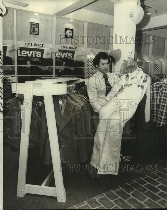 1976 County Fair president Mark Singerman displays Levi's outfit. - Historic Images