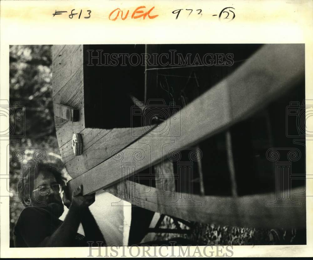 1982 Dirk Van Duym Lining Up Wood on Sailboat He is Building - Historic Images