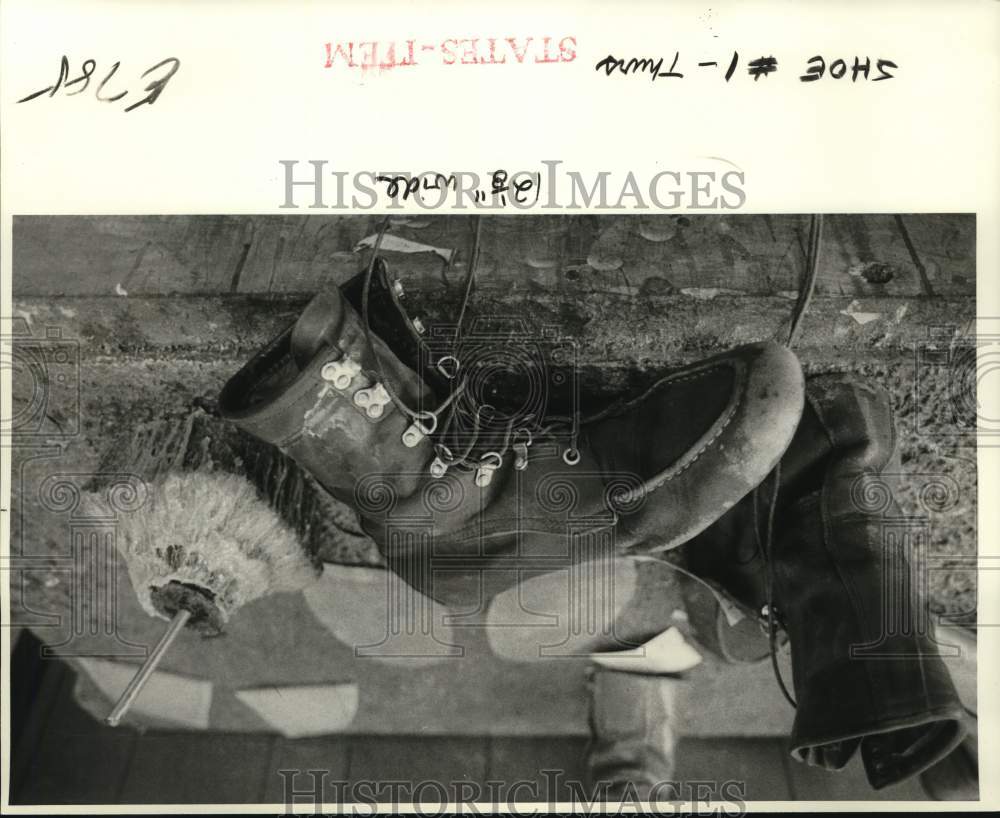 1978 Shoe Repair Shop, leather boots wait for repair - Historic Images