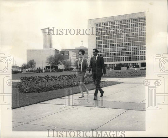 1968 New Orleans-Tulips say "Spring" in front of the Civic Center. - Historic Images