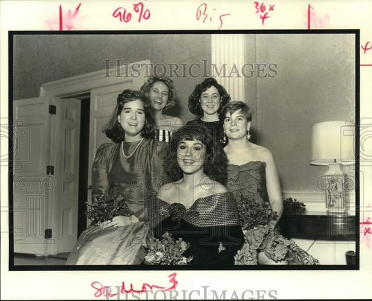 1989 Six debutantes in evening gowns waiting for presentation - Historic Images