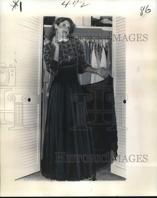 1976 Fashion - Donna Kaye Michell wears a sparkling black dress - Historic Images