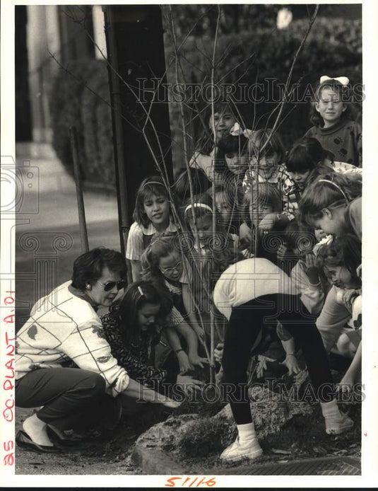 1987 Patsy Hardin, Brownie Troop 977 leader plants myrtle tree - Historic Images