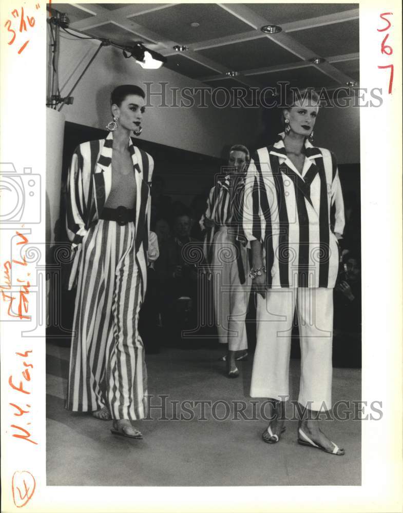 1988 New York fashion models display wide striped silk ensemble&#39;s-Historic Images