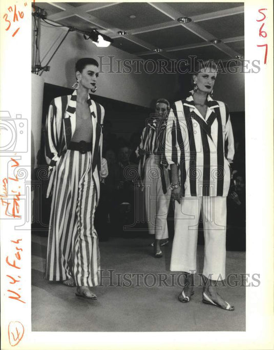 1988 New York fashion models display wide striped silk ensemble's-Historic Images