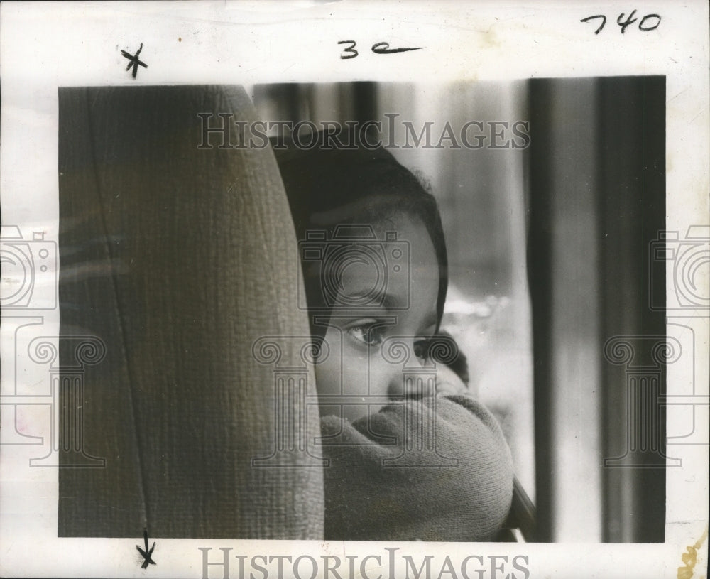 1967 lost child waits for her parents from bus tended by Marines - Historic Images