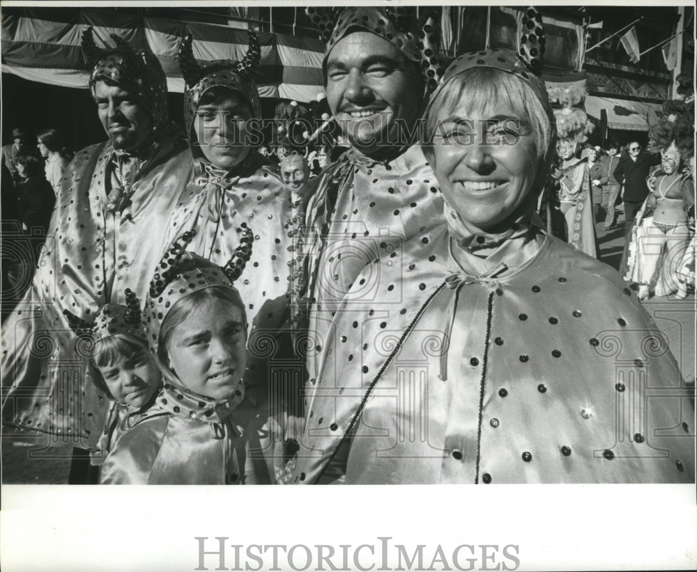 1974 Family of Six Carnival Maskers in Horns in New Orleans - Historic Images