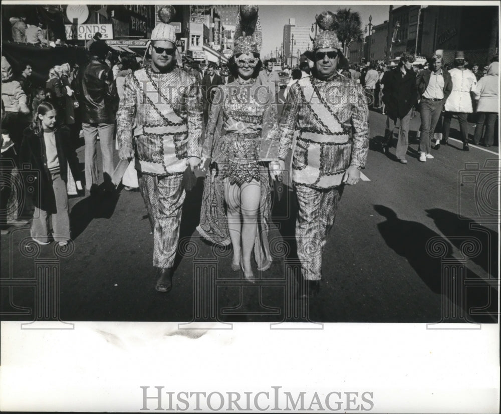 1974 Two Men &amp; Woman Carnival Maskers Wearing Shades in New Orleans - Historic Images