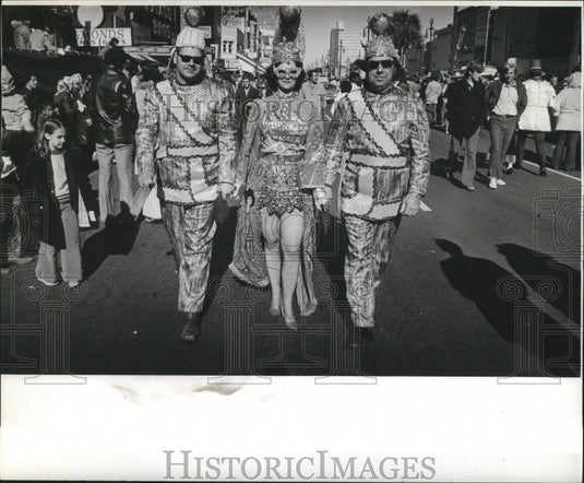 1974 Two Men & Woman Carnival Maskers Wearing Shades in New Orleans - Historic Images