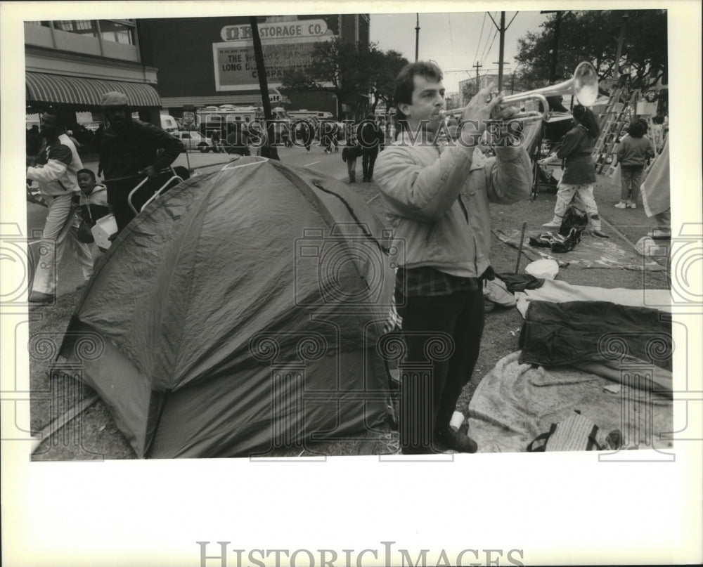 1989 David Dean plays &quot;The Saints&quot; in front of his tent  - Historic Images