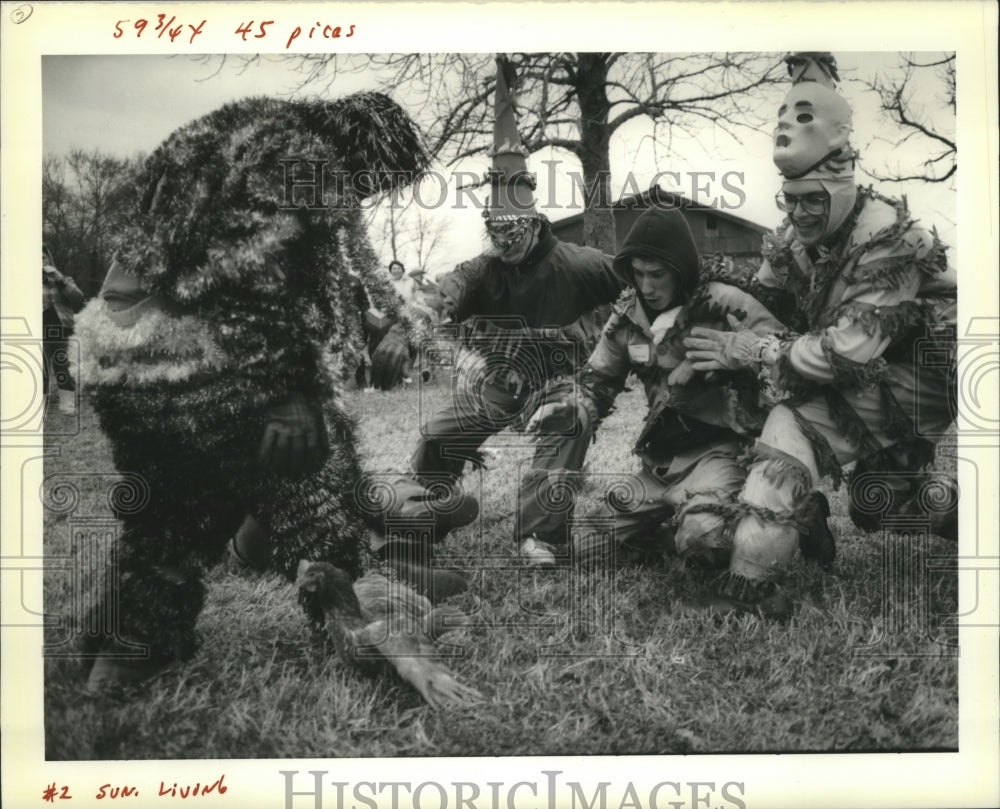 1989 Carnival Parade Riders Battle Over Chicken in New Orleans - Historic Images