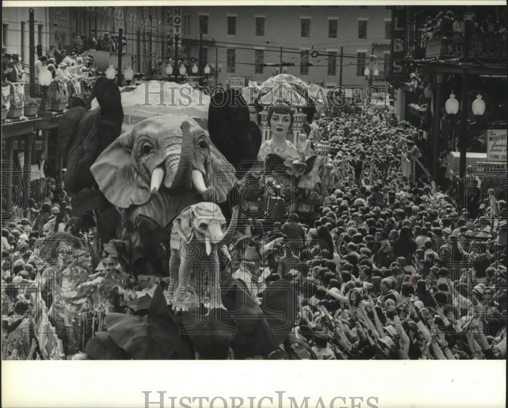 1988 Crowd Watches Elephants Float in Carnival Parade New Orleans - Historic Images