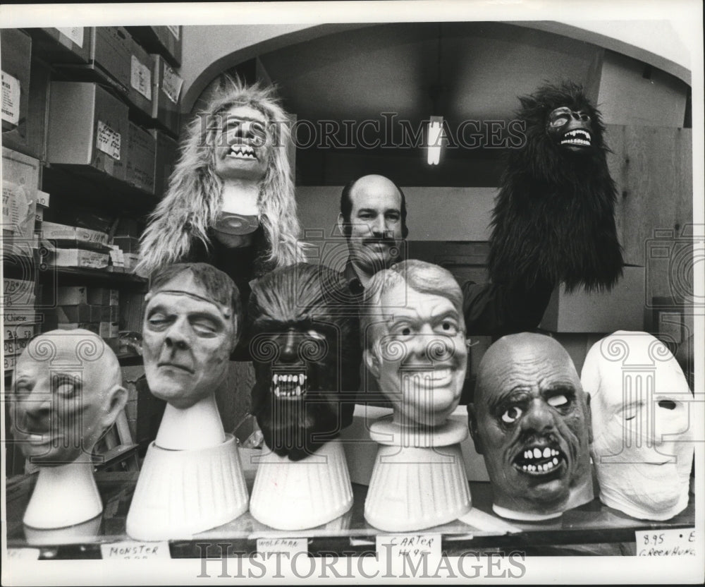 1980 Man Displays Carnival Maskers for Mardi Gras in New Orleans - Historic Images