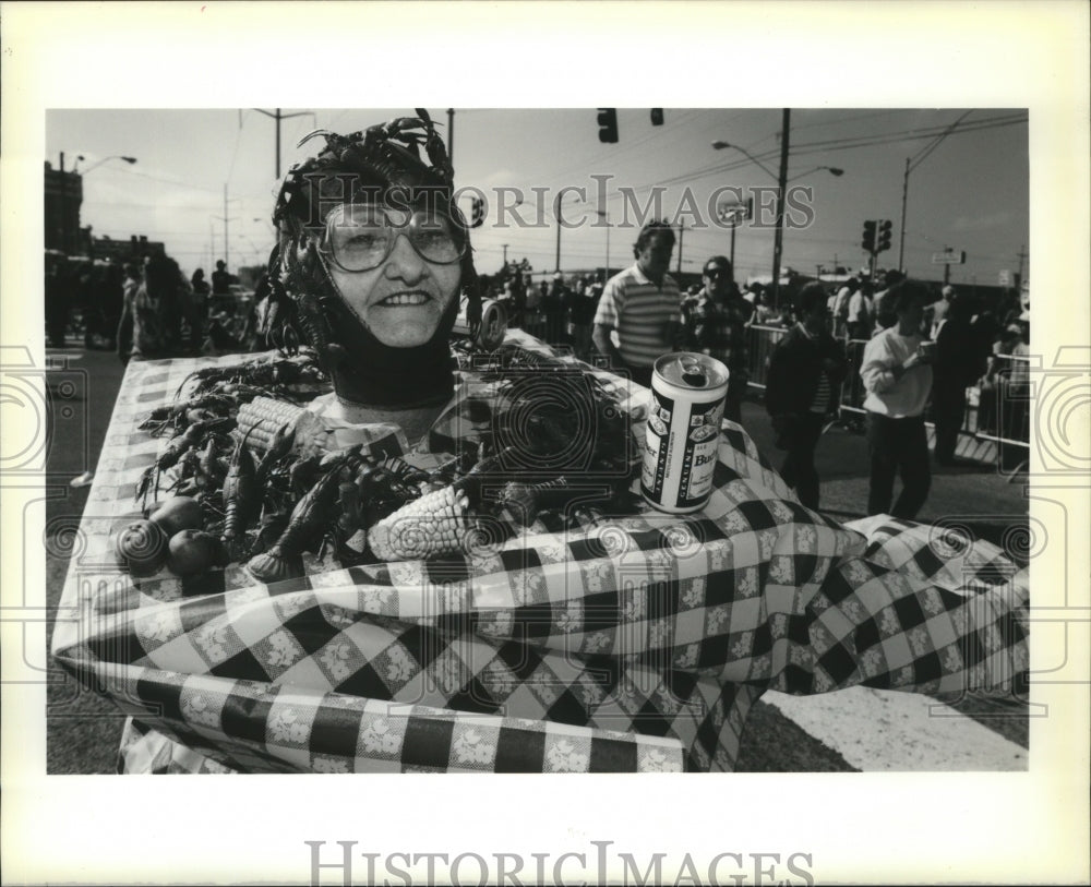 1990 Lorraine Brown is dressed as a table set for a crawfish boil - Historic Images