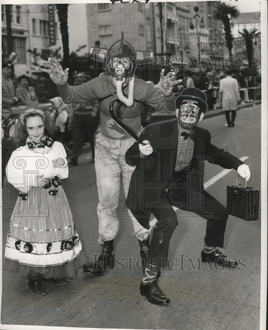 1965 Carnival Maskers as Spaceman, Minstrel & Little Dutch Maid - Historic Images