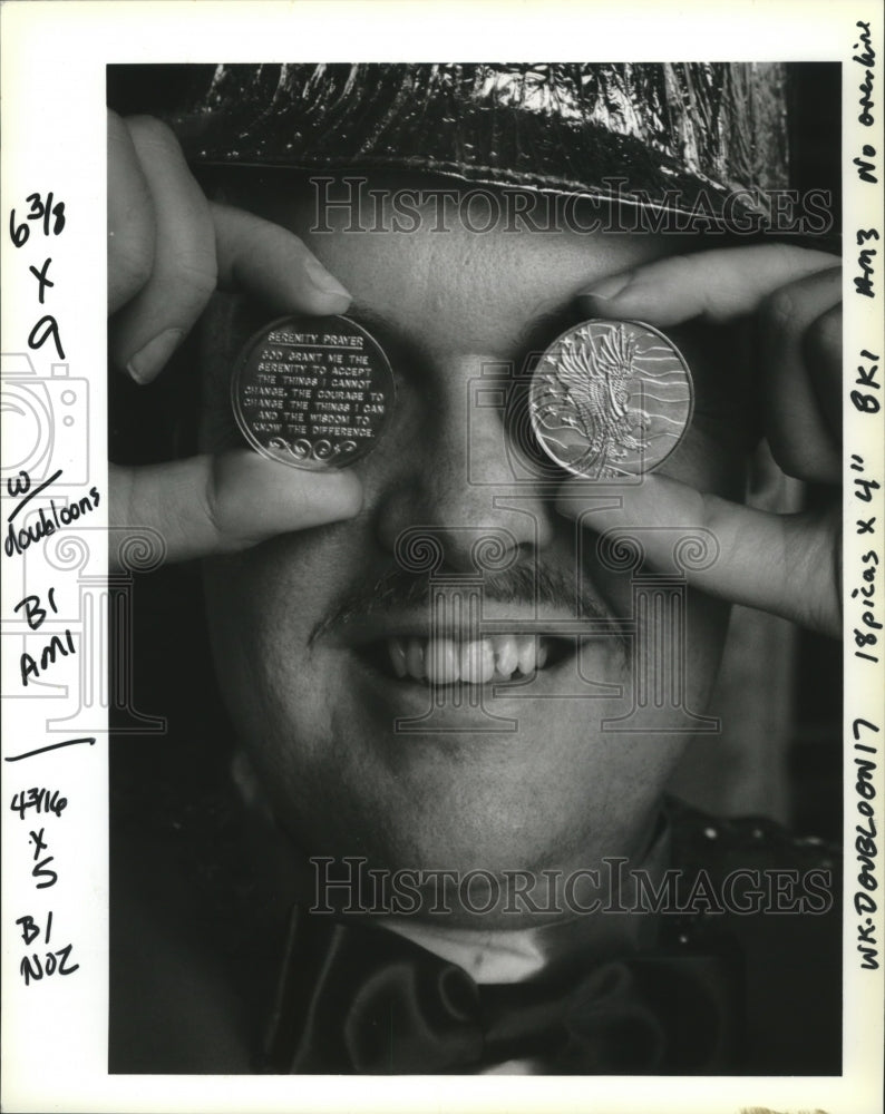 1993 Riecke Reynolds With His Two Special Doubloons for Mardi Gras - Historic Images