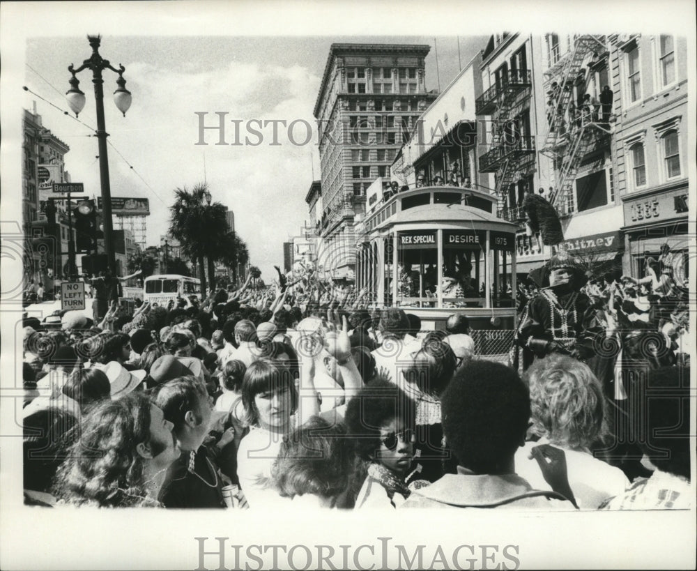 1975 Carnival Crowd Surrounding Trolly on Canal Street, Mardi Gras - Historic Images