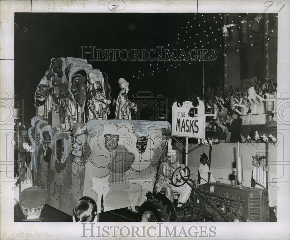 1955 Float Covered in Masks for Babylon Krewe, Mardi Gras, New Or. - Historic Images