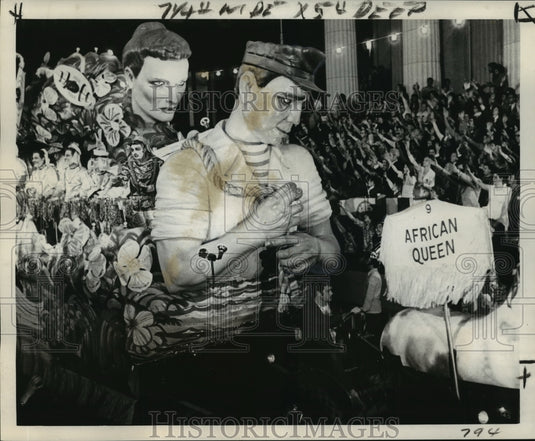 1973 Carnival Parade Bacchus float depicts "African Queen" - Historic Images