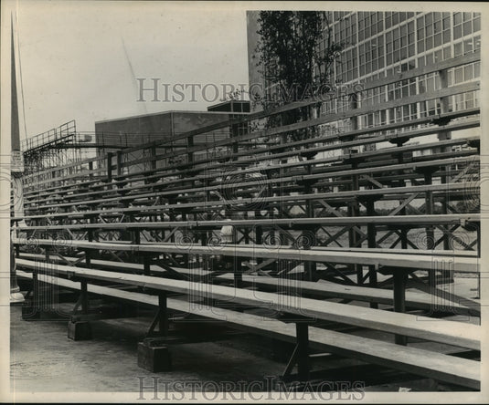 1961 Carnival Stands. Carnival stands at City Hall waiting for crowd - Historic Images