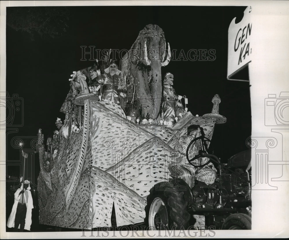 1961 Elephant &amp; Riders on Float at Knights of Babylon Parade - Historic Images