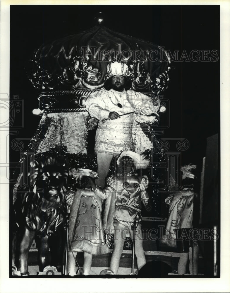 1980 King on Krewe of Atlas Float in Carnival Parade at Mardi Gras - Historic Images