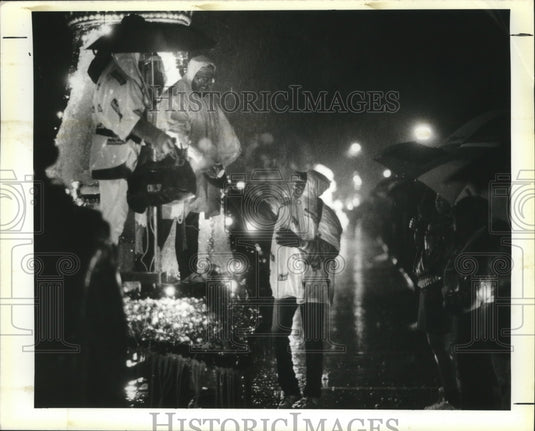 1990 Krewe Bards of Bohemia on Carnival Float in the Rain - Historic Images