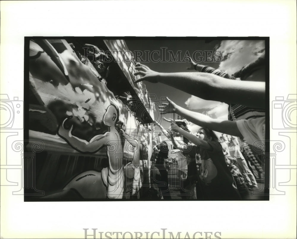 1996 Crowd Begging for Beads From Krewe of Mercury Parade Float - Historic Images