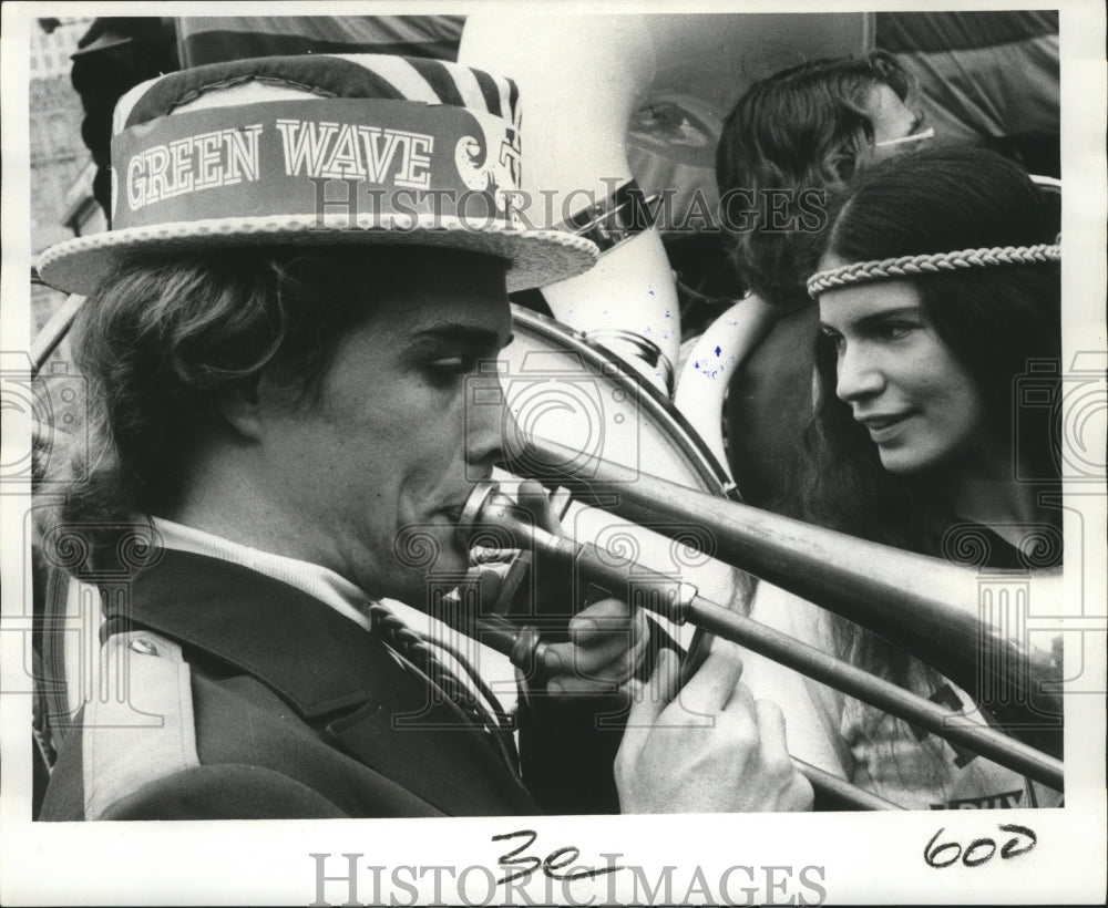 1973 Horn Player Marching Band In New Orleans Carnival Parade - Historic Images