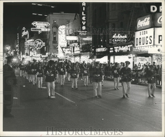 1961 Mardi Gras Hermes Parade Marching Band Passes Drug Store - Historic Images