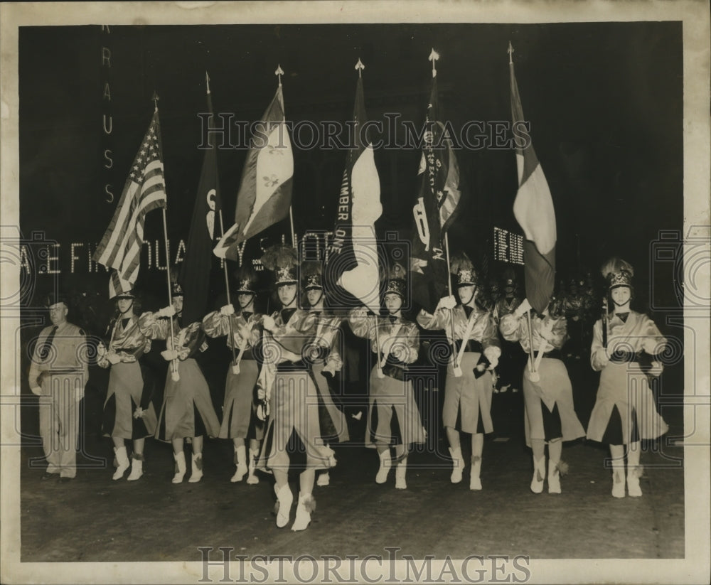 1960 New Orleans Carnival Parade Marching Band Carries Flags - Historic Images