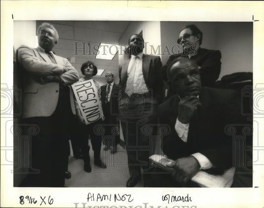 1992 Mary Park with Sign at Carnival Ordinance City Council Meeting - Historic Images
