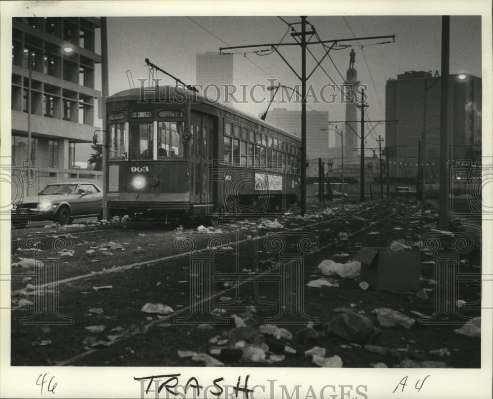 1985 Carnival Trash Litters St. Charles Avenue in New Orleans - Historic Images