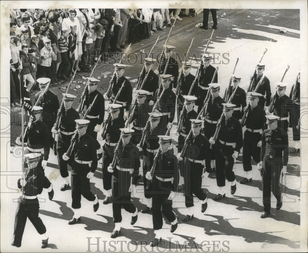 1966 Carnival Parade Marching Military group in Venus parade. - Historic Images