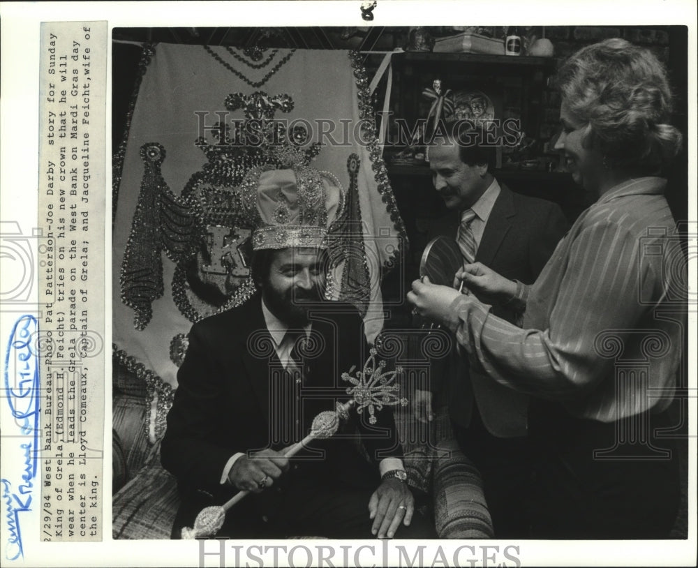 1984 King of Grela, Edmond H. Feicht Tries Hat on for Mardi Gras - Historic Images