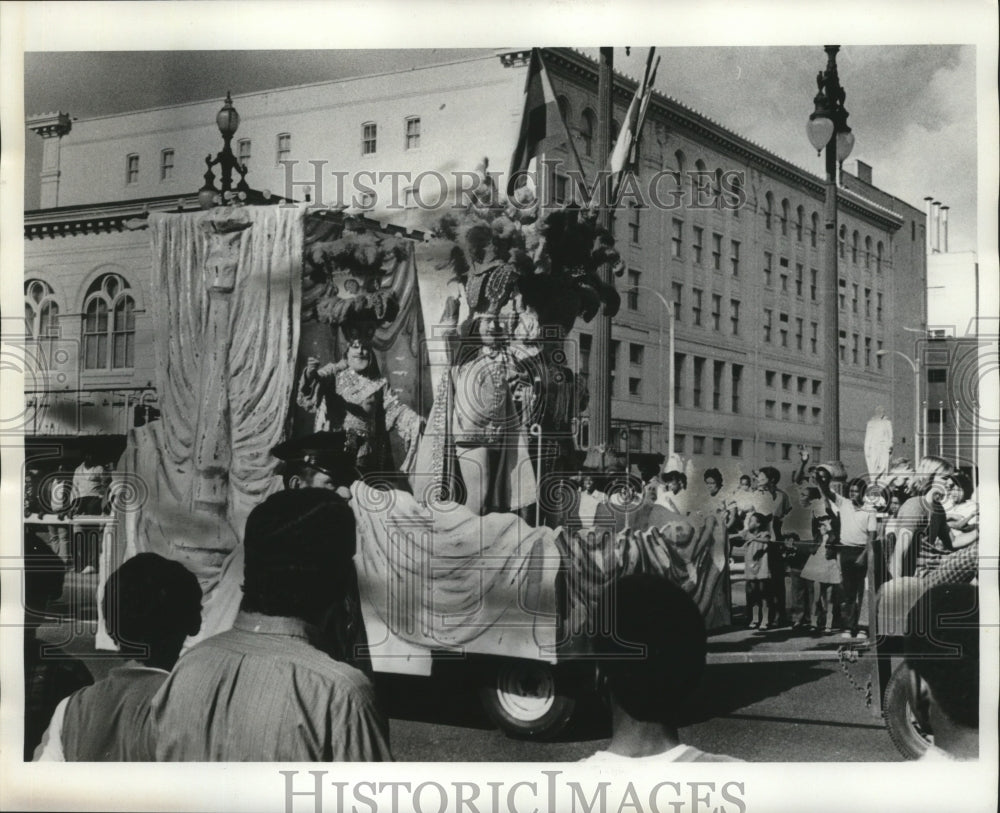 1975 Krewe of Mokana Parade Float with Maskers at Mardi Gras - Historic Images