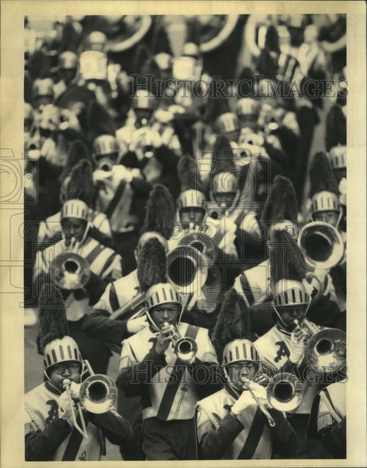 1992 Carnival Parade St. Aug's Band "Marching 100" hit Canal Street. - Historic Images